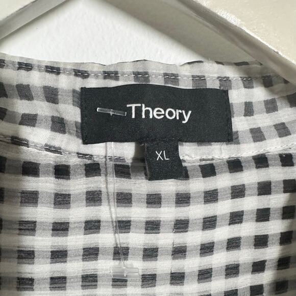 Theory Silk Gingham Button Down Blouse Women XL Black White Sheer Popover Career - Picture 3 of 8